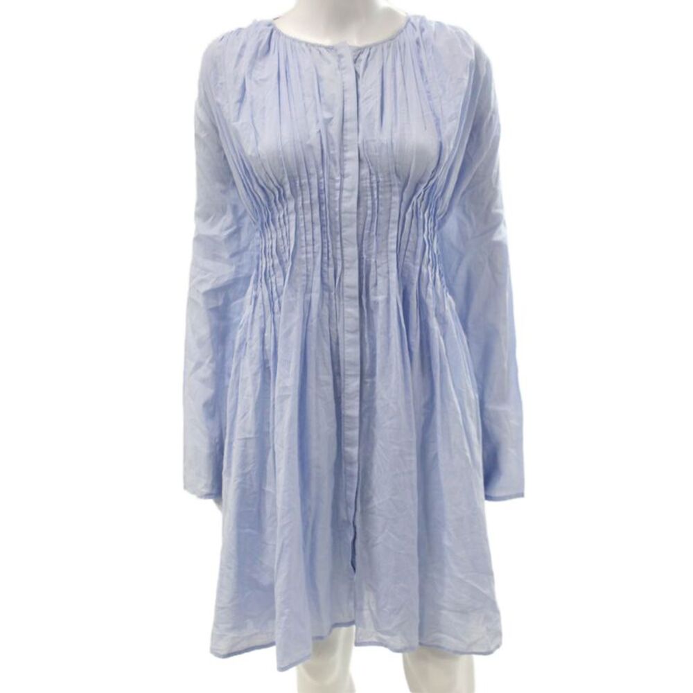 Merlette Women Shirt Dress Blue Cotton Long Sleeve Mini Boho Round Neck Size M